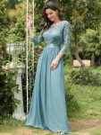 See-Through Floor Length Lace Chiffon Evening Dress with Half Sleeve - Light Teal