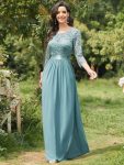 See-Through Floor Length Lace Chiffon Evening Dress with Half Sleeve – Light Teal