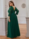 See-Through Floor Length Lace Chiffon Evening Dress with Half Sleeve – Dark Green
