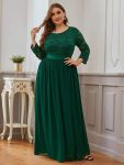 See-Through Floor Length Lace Chiffon Evening Dress with Half Sleeve – Dark Green