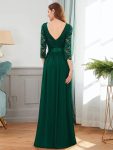 See-Through Floor Length Lace Chiffon Evening Dress with Half Sleeve – Dark Green