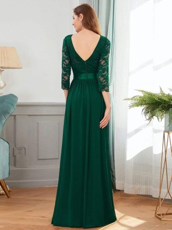 See-Through Floor Length Lace Chiffon Evening Dress with Half Sleeve - Dark Green