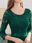 See-Through Floor Length Lace Chiffon Evening Dress with Half Sleeve – Dark Green
