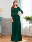See-Through Floor Length Lace Chiffon Evening Dress with Half Sleeve - Dark Green