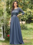 See-Through Floor Length Lace Chiffon Evening Dress with Half Sleeve - Dusty Blue