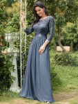 See-Through Floor Length Lace Chiffon Evening Dress with Half Sleeve – Dusty Blue