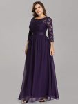 See-Through Floor Length Lace Chiffon Evening Dress with Half Sleeve – Dark Purple