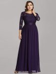 See-Through Floor Length Lace Chiffon Evening Dress with Half Sleeve – Dark Purple