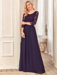 See-Through Floor Length Lace Chiffon Evening Dress with Half Sleeve - Dark Purple