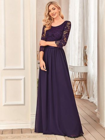 See-Through Floor Length Lace Chiffon Evening Dress with Half Sleeve - Dark Purple