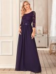 See-Through Floor Length Lace Chiffon Evening Dress with Half Sleeve – Dark Purple