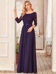 See-Through Floor Length Lace Chiffon Evening Dress with Half Sleeve – Dark Purple