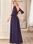 See-Through Floor Length Lace Chiffon Evening Dress with Half Sleeve – Dark Purple