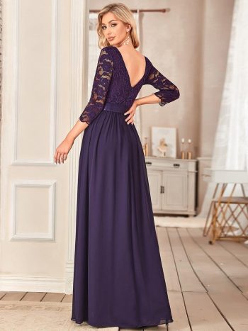 See-Through Floor Length Lace Chiffon Evening Dress with Half Sleeve - Dark Purple
