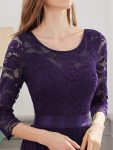 See-Through Floor Length Lace Chiffon Evening Dress with Half Sleeve – Dark Purple