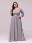 See-Through Floor Length Lace Chiffon Evening Dress with Half Sleeve – Grey