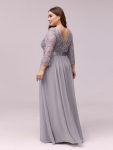See-Through Floor Length Lace Chiffon Evening Dress with Half Sleeve – Grey