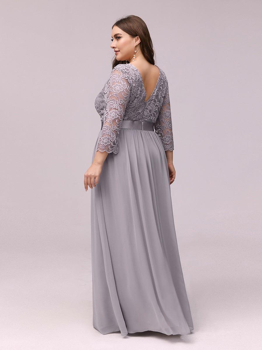 See-Through Floor Length Lace Chiffon Evening Dress with Half Sleeve - Grey See-Through Floor Length Lace Chiffon Evening Dress with Half Sleeve - Grey