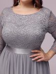See-Through Floor Length Lace Chiffon Evening Dress with Half Sleeve – Grey