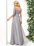 See-Through Floor Length Lace Chiffon Evening Dress with Half Sleeve – Grey