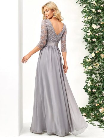 See-Through Floor Length Lace Chiffon Evening Dress with Half Sleeve - Grey