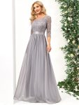 See-Through Floor Length Lace Chiffon Evening Dress with Half Sleeve – Grey