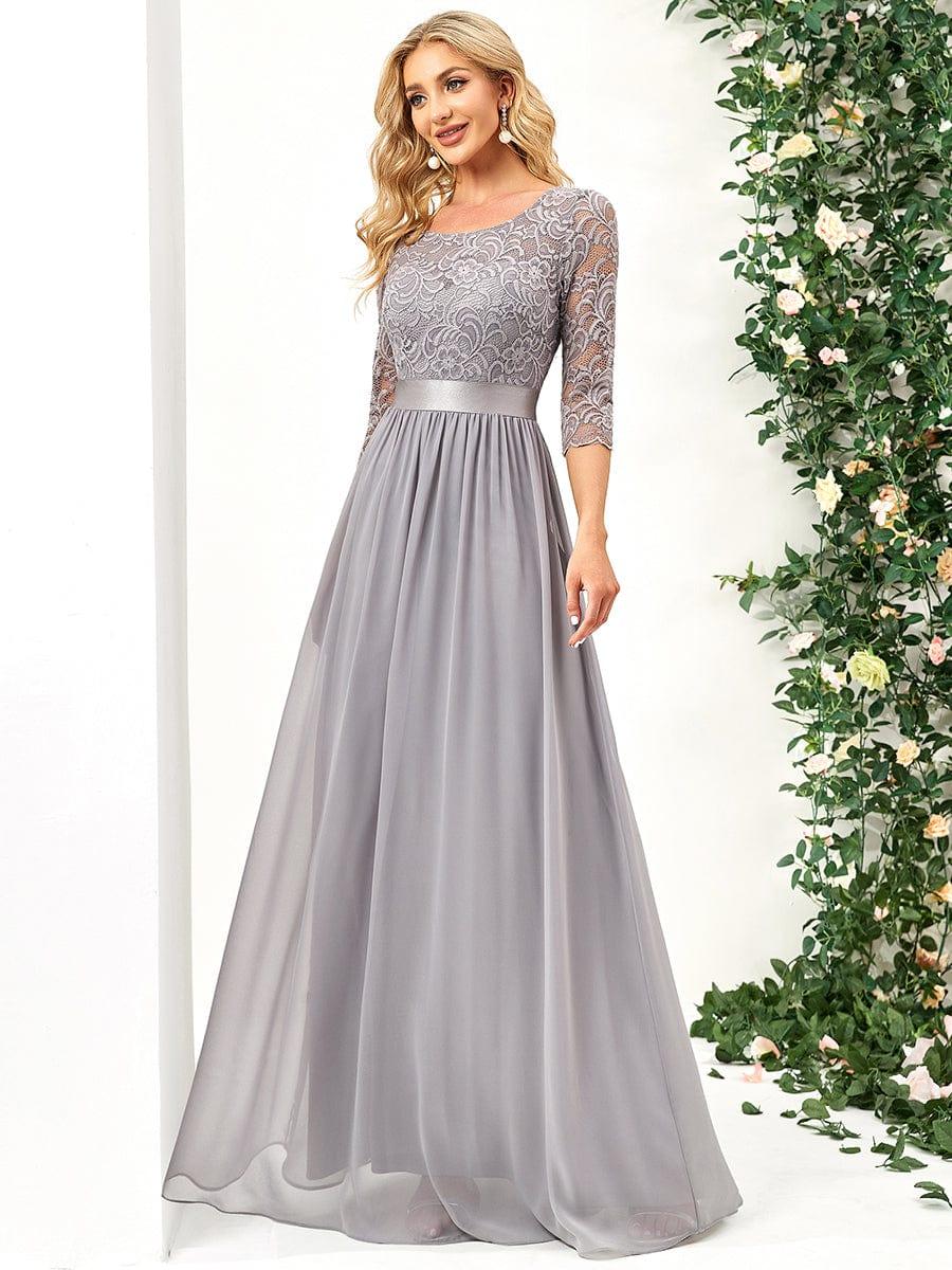 See-Through Floor Length Lace Chiffon Evening Dress with Half Sleeve - Grey See-Through Floor Length Lace Chiffon Evening Dress with Half Sleeve - Grey