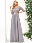 See-Through Floor Length Lace Chiffon Evening Dress with Half Sleeve - Grey