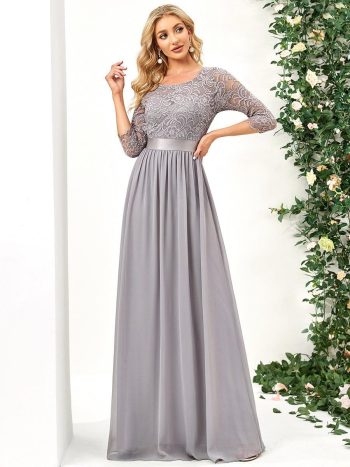See-Through Floor Length Lace Chiffon Evening Dress with Half Sleeve - Grey