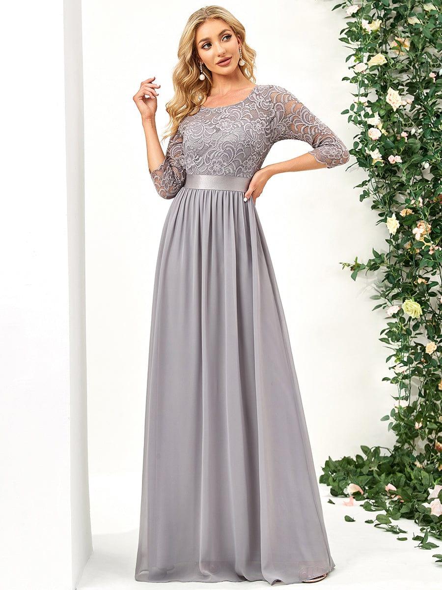 See-Through Floor Length Lace Chiffon Evening Dress with Half Sleeve - Grey See-Through Floor Length Lace Chiffon Evening Dress with Half Sleeve - Grey