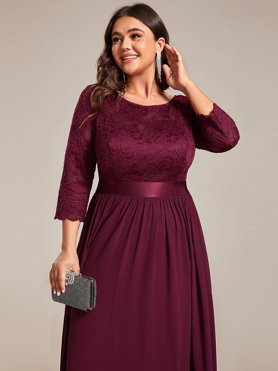 See-Through Floor Length Lace Chiffon Evening Dress with Half Sleeve - Mulberry See-Through Floor Length Lace Chiffon Evening Dress with Half Sleeve - Mulberry