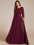 See-Through Floor Length Lace Chiffon Evening Dress with Half Sleeve – Mulberry