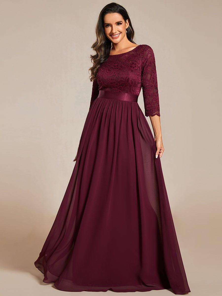 See-Through Floor Length Lace Chiffon Evening Dress with Half Sleeve - Mulberry See-Through Floor Length Lace Chiffon Evening Dress with Half Sleeve - Mulberry