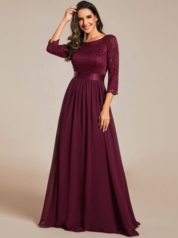 See-Through Floor Length Lace Chiffon Evening Dress with Half Sleeve - Mulberry
