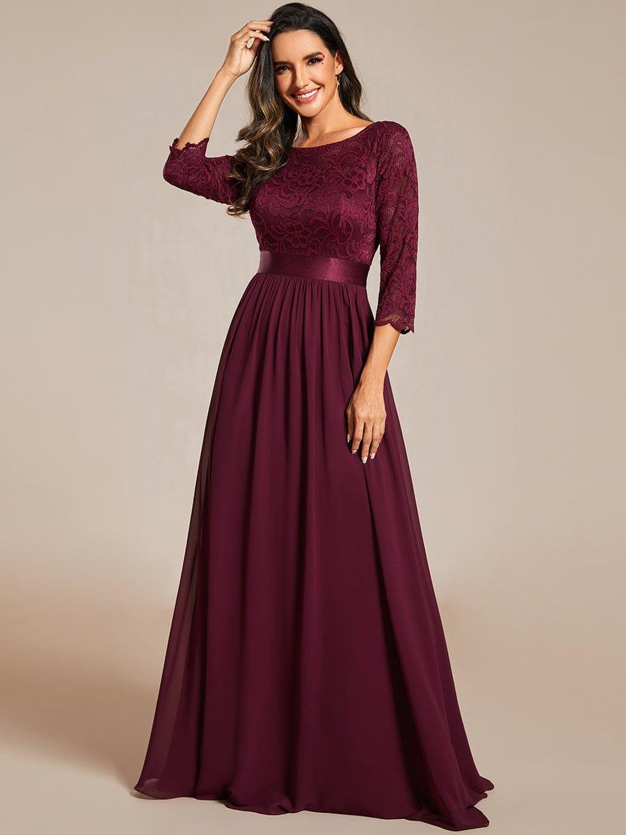 See-Through Floor Length Lace Chiffon Evening Dress with Half Sleeve - Mulberry See-Through Floor Length Lace Chiffon Evening Dress with Half Sleeve - Mulberry