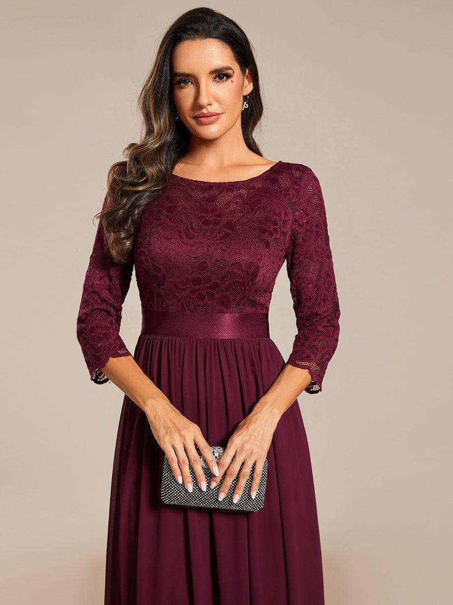 See-Through Floor Length Lace Chiffon Evening Dress with Half Sleeve - Mulberry See-Through Floor Length Lace Chiffon Evening Dress with Half Sleeve - Mulberry
