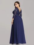See-Through Floor Length Lace Chiffon Evening Dress with Half Sleeve – Navy Blue
