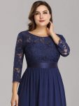 See-Through Floor Length Lace Chiffon Evening Dress with Half Sleeve – Navy Blue