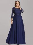 See-Through Floor Length Lace Chiffon Evening Dress with Half Sleeve – Navy Blue