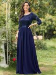 See-Through Floor Length Lace Chiffon Evening Dress with Half Sleeve - Navy Blue
