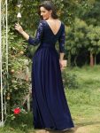 See-Through Floor Length Lace Chiffon Evening Dress with Half Sleeve – Navy Blue