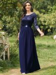 See-Through Floor Length Lace Chiffon Evening Dress with Half Sleeve – Navy Blue