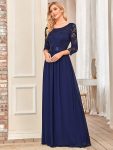 See-Through Floor Length Lace Chiffon Evening Dress with Half Sleeve – Navy Blue