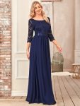 See-Through Floor Length Lace Chiffon Evening Dress with Half Sleeve – Navy Blue