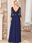 See-Through Floor Length Lace Chiffon Evening Dress with Half Sleeve – Navy Blue