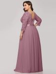 See-Through Floor Length Lace Chiffon Evening Dress with Half Sleeve – Purple Orchid