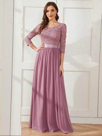 See-Through Floor Length Lace Chiffon Evening Dress with Half Sleeve - Purple Orchid