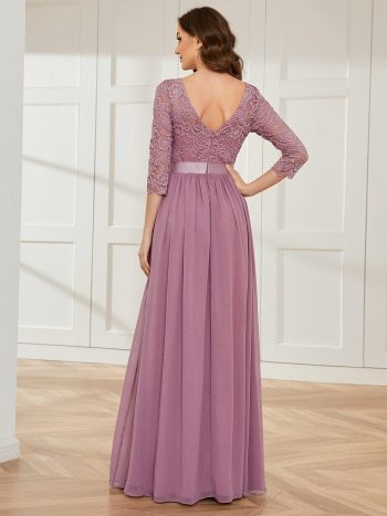 See-Through Floor Length Lace Chiffon Evening Dress with Half Sleeve - Purple Orchid