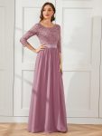 See-Through Floor Length Lace Chiffon Evening Dress with Half Sleeve – Purple Orchid
