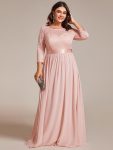 See-Through Floor Length Lace Chiffon Evening Dress with Half Sleeve – Pink